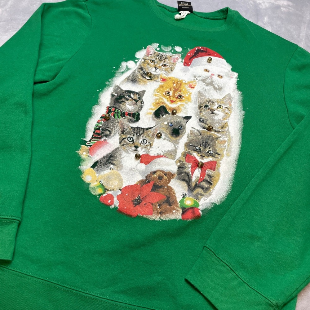 Fifth Sun Womens Christmas Kitten Tacky Sweatshirt Size XL Green Jingle Bells